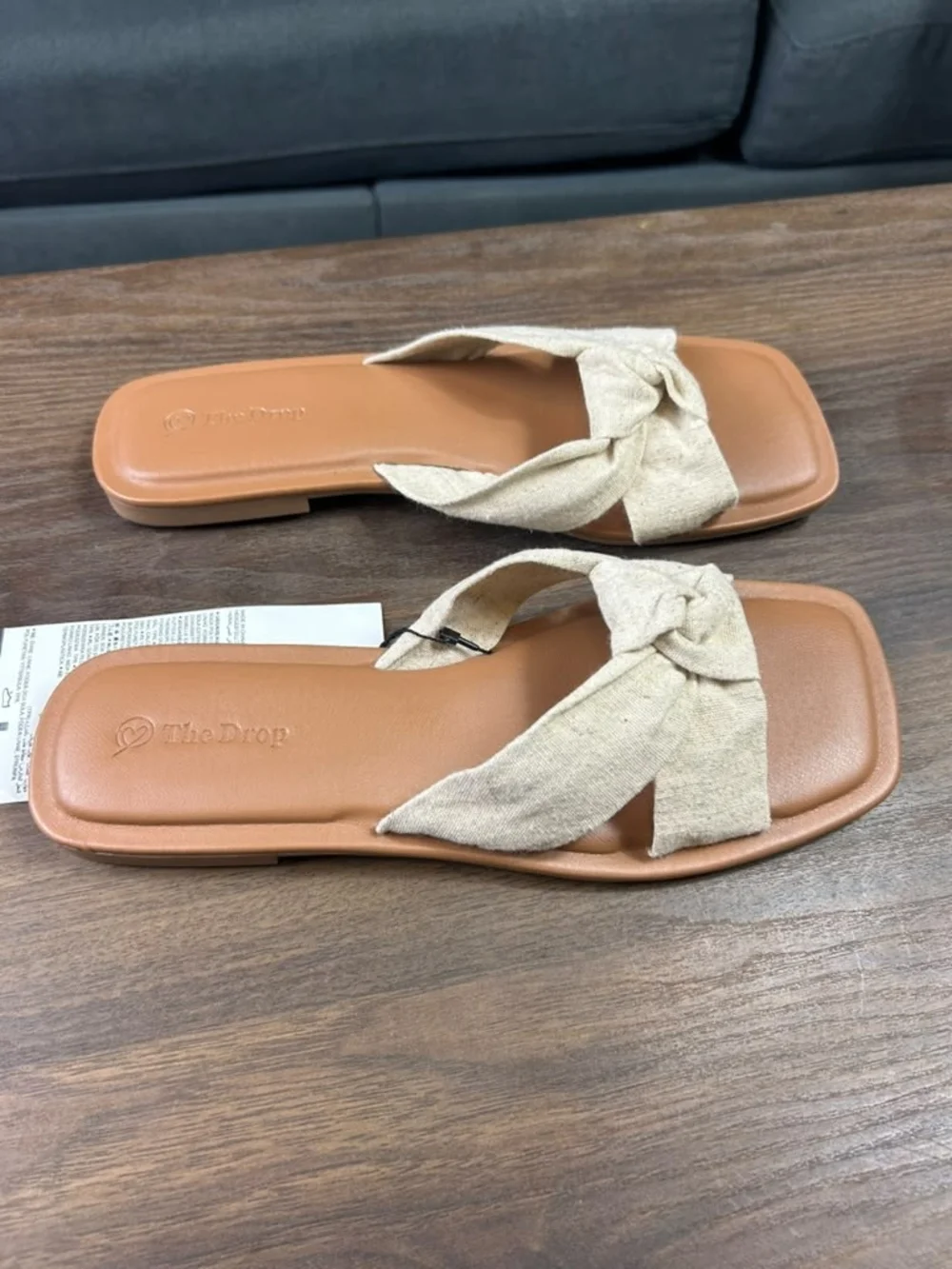 The Drop Women's Tan Slide Sandals with Cream Knot Strap